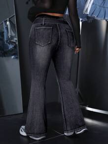 SHEIN ICON 大码前扣纯色牛仔裤，休闲与日常穿着 - 黑色 - 查看 2