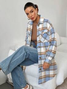 SHEIN Essnce 女士格子印花纽扣口袋休闲长袖常规夹克 - 淺藍色 - 查看 2