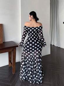 Celure 大码女式复古浪漫波尔卡圆点印花露肩修身喇叭袖连衣裙，优雅适合情人节舞会 - 彩色 - 查看 2