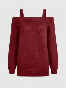 ROMWE 女士休闲纯色露肩无袖套头毛衣，秋冬 - 酒紅色 - 查看 1