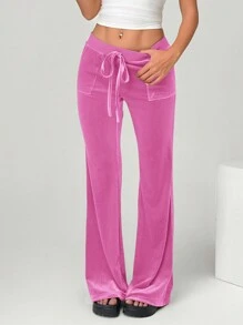 SHEIN EZwear Quần ống loe buộc eo nhung hồng cho nữ - Hồng - Xem 5