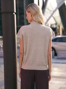 BizChic Women's Casual Solid Color Stand Collar Short Sleeve Knit Top, Autumn - Grey - View 6