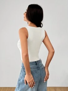 SHEIN PETITE Women's French Casual Solid Color Sleeveless Knit Top Simple Vest Cardigan Vest Hem Slit White Vest V Neck Beige Vest Vacation Cardigan Holiday Top V Neck Asymmetric Hem