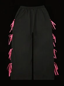 SHEIN EZwear Women's Fall Winter Y2K Street Wear Bow Detail Knot Tie Black Sweatpants