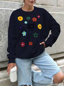 EURMUSE Floral Embroidery Round Neck Drop Shoulder Sweatshirt - Black - View 5