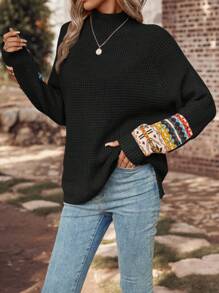 SHEIN LUNE 大码休闲宽松高领毛衣，带图案拼布，西方女装和游牧民族，适合冬季、度假、派对、音乐节、家居服、返校活动、作为礼物、乡村上衣、秋季毛衣 - 黑色 - 查看 5