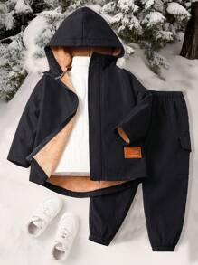 2 Pieces Young Boys Leisure College Comfortable Fashion Simple Practical All-Match Decoration Comfortable Thick Warm Long Coat And Trousers Cost-Effective Suit Kids Outfits