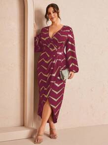 SHEIN Unity 大码女式波浪条纹重叠 V 领灯笼袖裹身优雅连衣裙酒红色女装 - 酒紅色 - 查看 3