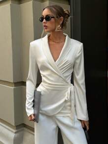 Aloruh 女式新款翻领交叉裹身侧蝴蝶结衬衫，秋冬 - 白色 - 查看 4