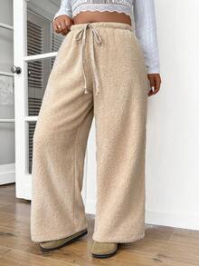 SHEIN Frenchy Quần dài màu trơn hai mặt ấm áp tối giản giản dị cỡ lớn, thích hợp cho giải trí và ở nhà, thoải mái - Màu be - Xem 5