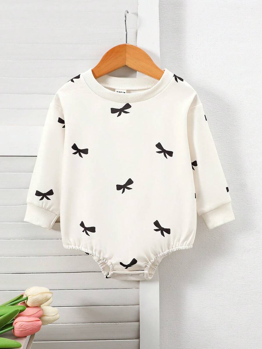 女婴休闲可爱蝴蝶结印花长袖连体衣，适合秋冬季穿着 - 白色 - 查看 1