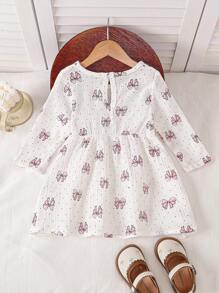 Baby Girls Butterfly Print Round Neck Long Sleeve Casual Dress For Autumn