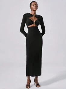 Lumivelle 1 件女士金属装饰优雅派对连衣裙，针织弹力长款紧身连衣裙，秋冬超长女装 - 黑色 - 查看 3