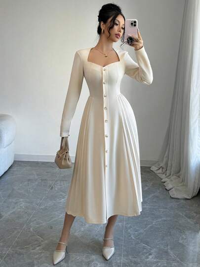 Elenzga Vestido de manga larga con escote en forma de corazón, volantes laterales y textura elegante casual, adecuado para fiestas y reuniones, atuendo maxi para mujeres