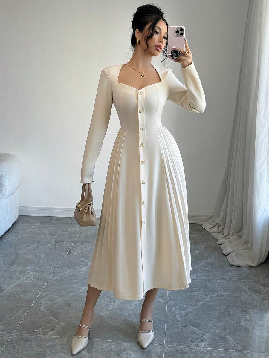 Elenzga 休闲优雅纹理心形领侧褶长袖女式连衣裙，适合派对和聚会长款女装 - 杏色 - 查看 1