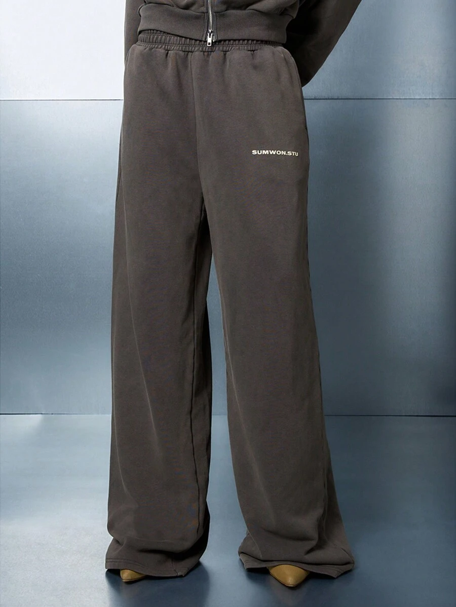 SUMWON WOMEN Designer Studio Collection Wide Leg Applique Logo Jogger Pants Loungewear Athleisure Streetwear Oversized Baggy Fit Fall Winter Comfort