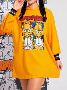GARFIELD | SHEIN 大码可爱休闲卡通字母图案宽松橙色连帽衫连衣裙，秋季 - 黃色 - 查看 1