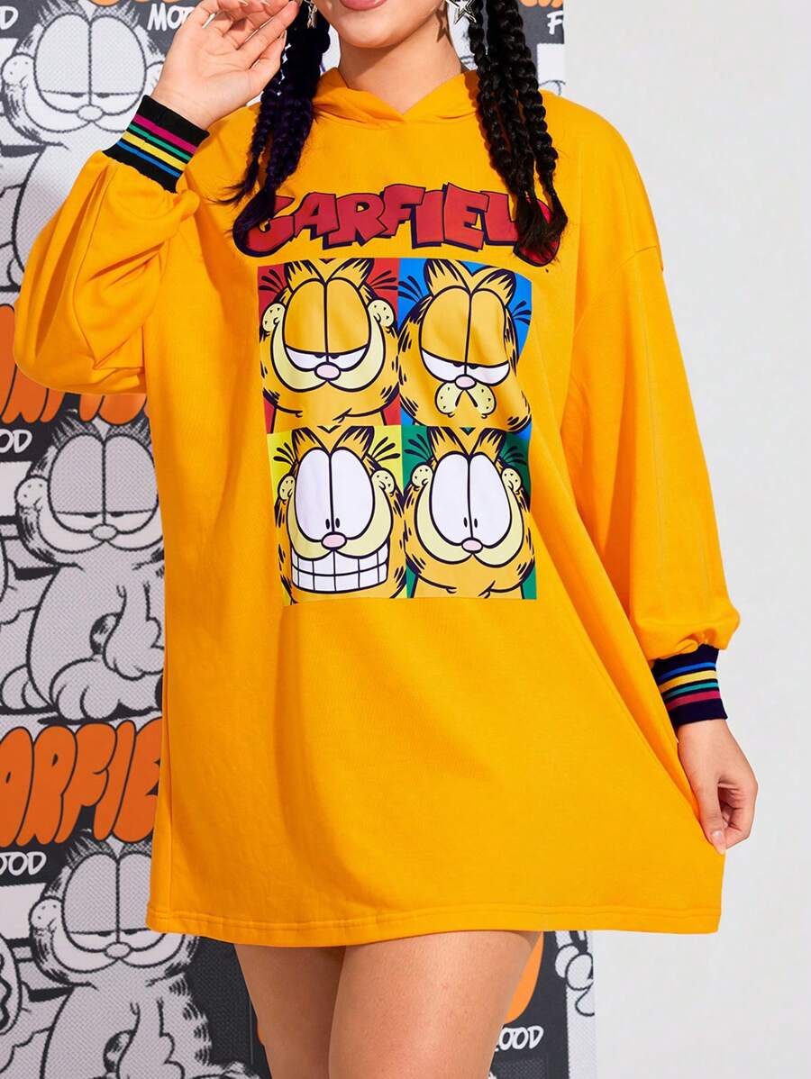 GARFIELD | SHEIN 大码可爱休闲卡通字母图案宽松橙色连帽衫连衣裙,秋季 - 黃色 - 查看 1