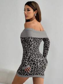 SHEIN Unity Sexy Off-Shoulder Leopard Print Sweater Dress Fall Cloth For Women - Multicolor - View 2