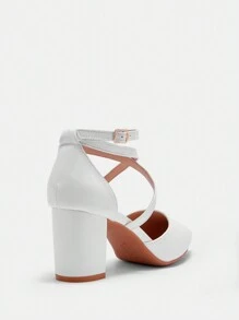 CUCCOO BIZCHIC Femmes Mode Blanc Bride À La Cheville Croisé Bout Pointu Talons Hauts Épais, Convient Pour Le Trajet, Le Rendez-Vous, La Fête, Les Courses, Les Vacances - Blanc - Voir 8