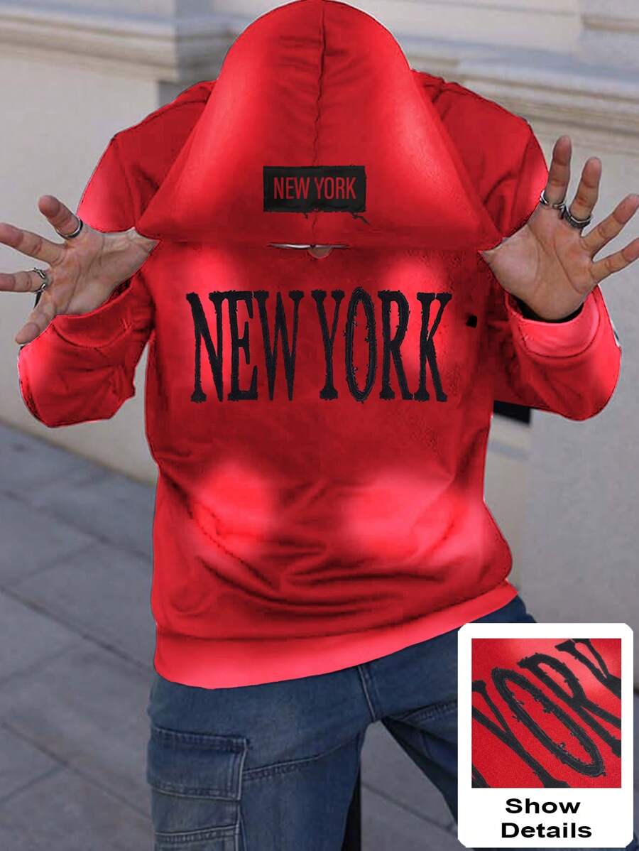 Manfinity Homme Sudadera con capucha informal de hombre con estampado de letras navideño - Rojo - Ver 1