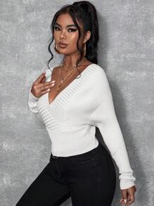 SHEIN SXY Áo len chui đầu dài tay cổ chữ V màu trơn cho nữ, áo len chui đầu thường ngày dài tay, thu/đông - trắng - Xem 3
