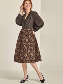 SHEIN Clasi 1 件女士休闲优雅 V 领提花及膝连衣裙，适合秋季 - 棕色 - 查看 3