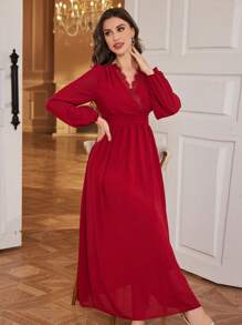 Modelyn Women's Vintage V-Neck Waisted Lace Trim Dress - Burgundy - View 7