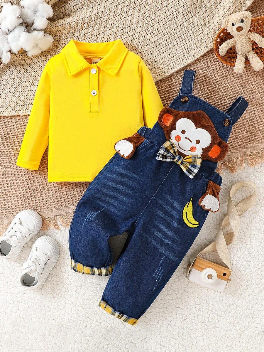 男婴 2 件套服装 - 牛仔衬衫上衣和工装裤，带 3D 刺绣，秋冬 - 黃色 - 查看 1