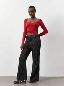 Lunelith SHEIN Lunessa 1pc Office Lady Black Striped High Waist Straight Leg Trouser, Fashion Formal Workwear, Autumn/Winter