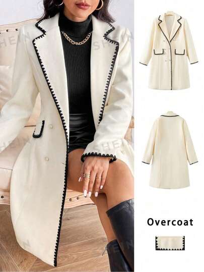 Sparklyn 青少年女孩休闲拼色外壳针织混纺领双排扣外套，秋冬