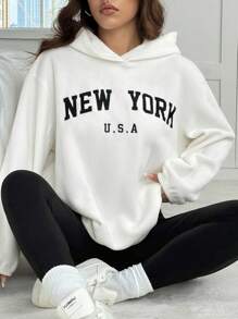 SHEIN EZwear Bộ 2 áo nỉ trùm đầu họa tiết chữ mùa thu/đông mới cho nữ và quần cạp chun - Màu be - Xem 3