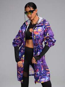 Innovista Women Casual Outdoor Wave Print Zipper Front Drawstring Waist Hooded Sports Jacket
