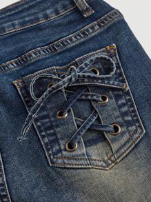 SHEIN MOD 女士休闲复古水洗交叉抽绳口袋修身喇叭腿牛仔裤