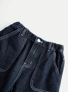 SHEIN Tween Girls Pocket Decor Wide Leg Loose Casual Versatile Jeans - Dark Wash - View 7
