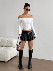 Flirla 1pc Women's Casual, Daily, Home, Commuting, Shopping Off-Shoulder Exposed Shoulder, Arc Hem Knit Texture T-Shirt Fall Cloth For Women