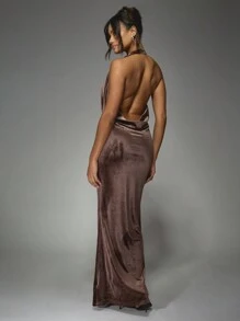 MISSGUIDED Velvet Cowl Halter Neck Backless Fishtail Hem Maxi Dress - Brown - View 2
