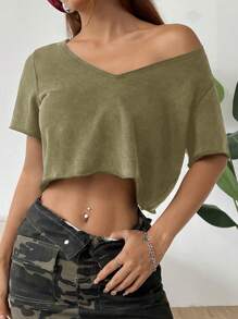 Muchica 休闲简约图案V领宽松短款T恤 - 軍綠色 - 查看 2