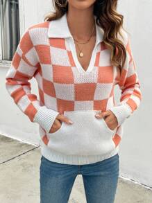 SHEIN LUNE Suéter informal de cuello en V con caída de hombros y bloque de color a cuadros, jersey de punto de otoño/invierno - Multicolor - Ver 5