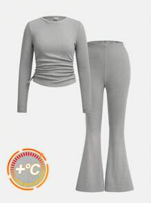 SHEIN 2 件套青少年女孩灰色简约圆领长袖抽绳侧褶 T 恤和喇叭裤舒适羊毛保暖休闲套装，秋冬