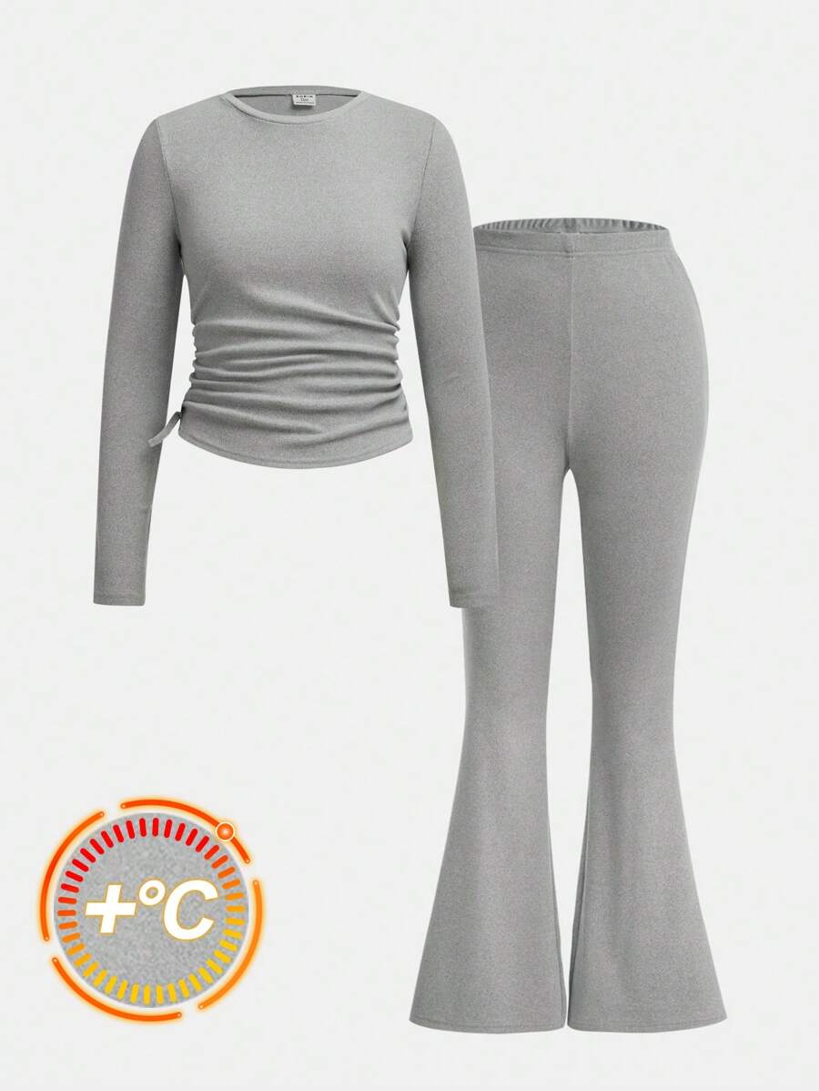 SHEIN 2 件套青少年女孩灰色简约圆领长袖抽绳侧褶 T 恤和喇叭裤舒适羊毛保暖休闲套装，秋冬