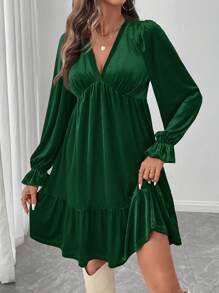 SHEIN LUNE New Years Outfit Green Velvet Dress Mini Dress, Christmas Party Dress For Women Holiday Women Outfits - Dark Green - View 4