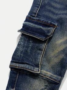 SHEIN 2 件套 Young BoyBlue 牛仔破洞领长袖夹克和弹力紧身裤套装 - 深色水洗藍 - 查看 7