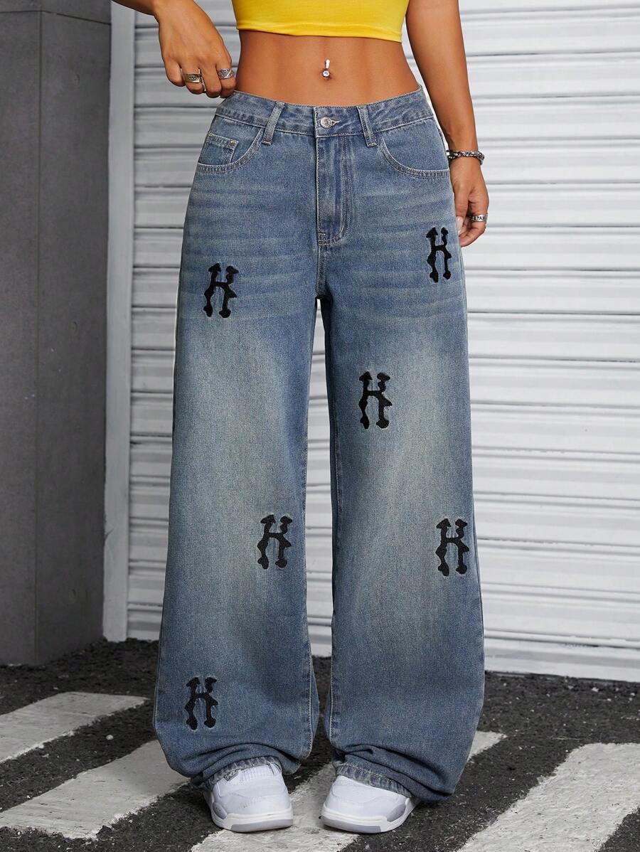 SHEIN ICON Jeans de pierna recta con lavado vintage y bordado de letra - Azul lavado medio - Ver 1