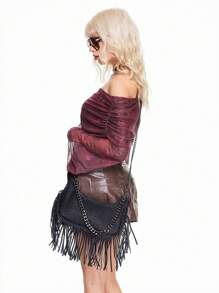 ROMWE Goth Women's Retro Punk Style Tassel Shoulder Bag High-End Fashion Street Casual Commuter Chain Underarm Bag - Black - View 1