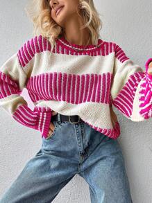 EURMUSE Jersey con patrón de rayas de hombros caídos - Rosa coral - Ver 5