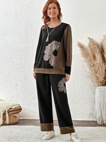 EMERY ROSE 2pcs Solid Color Patchwork Round Neck Long Sleeve Floral Print Casual Top And Pants Set, Plus Size - Black - View 3