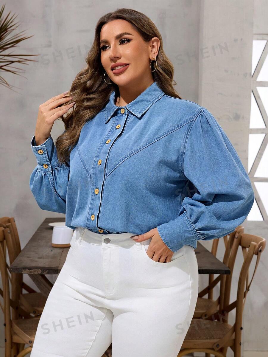 SHEIN LUNE Camisa vaquera casual de manga larga con un solo botonadura, de talla grande para mujer, otoño