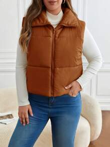 SHEIN Frenchy Plus Size Autumn/Winter Casual Warm Zip-Up Sleeveless Padded Vest