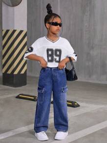 Tween Girl Fashion All-Match Loose Fit Wide Leg Washed Denim Cargo Jeans, Casual And Versatile To Wear Everyday